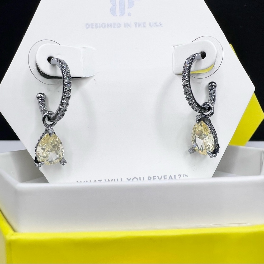 Bomb Party BP Earrings Call It How I See It Lemon CZ Hematite Plating.